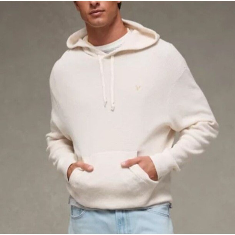American Eagle Size L Lightweight Icon Sweater Hoodie Waffle Knit Off White